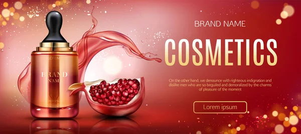 Frasco de romã cosmética simular banner de beleza — Vetor de Stock