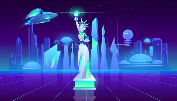Freiheitsstatue Neon City futuristischer Hintergrund — Stockvektor