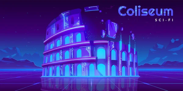 Neonová Koliseum na retro Sci-Fi zářící pozadí — Stockový vektor