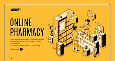 Online eczane isometrik web afiş. Sağlık