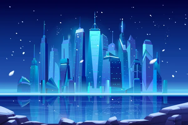 Night Neon winter City skyline bij Frozen Bay. — Stockvector