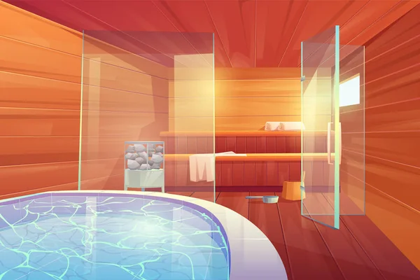 Sauna con piscina y puertas de cristal interior — Vector de stock