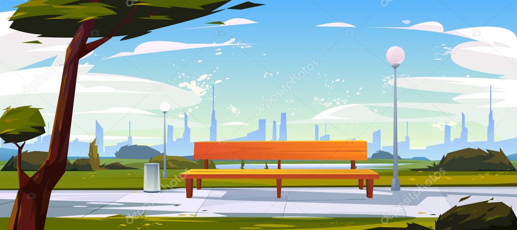 Bench in park summer time landscape with city view