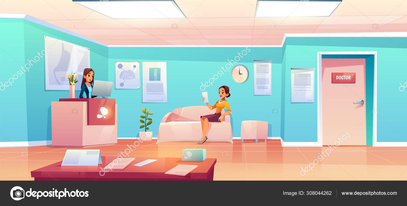 Patient in hospital waiting room. Woman in clinic Stock Vector Image by  ©vectorpouch #308044262