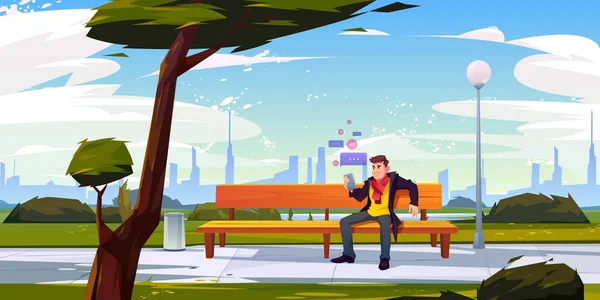 Homem com smartphone sentado no banco no parque da cidade —  Vetores de Stock