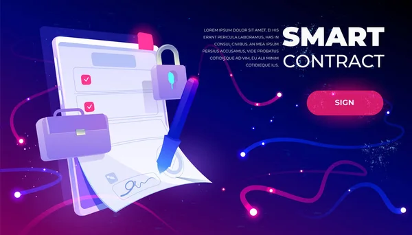 Smart contract web banner, e-handtekening document — Stockvector