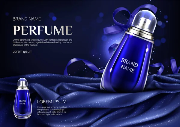 Flacon de parfum en verre sur tissu plié en soie bleue — Image vectorielle