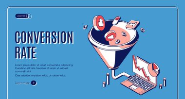 Dönüşüm oranı isometrik web banner. Huni satışları