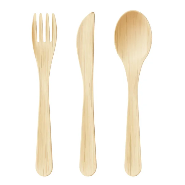 Wooden cutlery, disposable fork, spoon and knife — Διανυσματικό Αρχείο