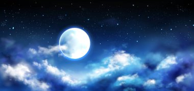 Yıldızlar ve bulutlar sahnesi ile gece gökyüzünde dolunay