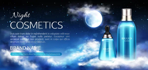 Noite cosméticos garrafas banner mock up anúncio promocional — Vetor de Stock