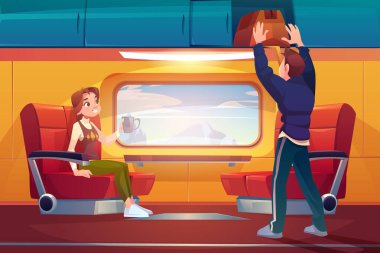 Trendeki insanlar, yolcular tren vagonuyla seyahat ediyor.