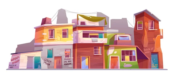 Ghetto avec bâtiments en ruine, vieilles maisons abandonnées — Image vectorielle