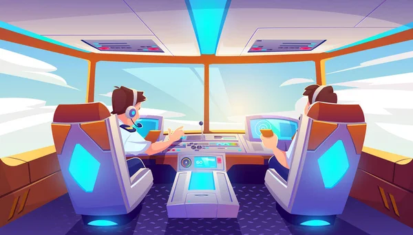 Pilots in airplane cockpit, jet with control panel — Stock Vector