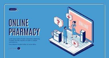 Online eczane isometrik web afiş. Sağlık