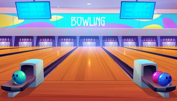 Bowling alleys with balls, pins and scoreboards.