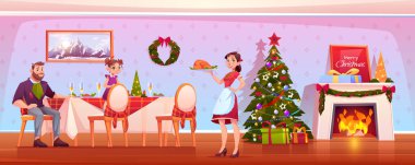 Mutlu aile Noel yemekleri, bayramı kutlamak.