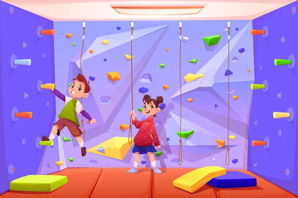 Niños escalando la pared, jugando en el área de recreación — Vector de stock