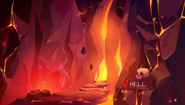 Cesta do pekla, pekelná horká jeskyně s lávou a ohněm — Stockový vektor