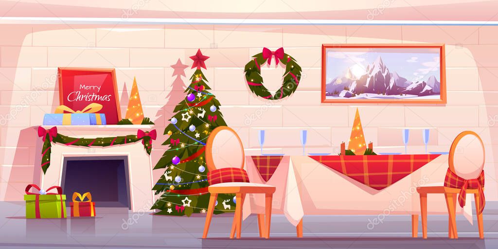 Family Christmas Dinner Empty Interior Cartoon Vector Illustration Living Room With Served Festive Table Decorated Fir Tree With Red Starand Fireplace With Garland And Gift Box Holiday Background Premium Vector In Family Christmas Dinner Empty Interior Cartoon Vector Illustration Living Room With Served Festive Table Decorated Fir Tree With Red Starand Fireplace With Garland And Gift Box Holiday Background Premium Vector In