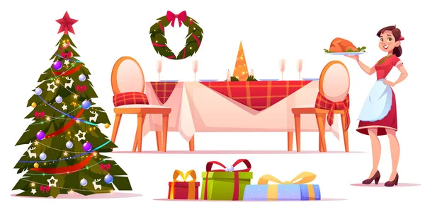 Conjunto de cena de Navidad, bandeja de mujer con pavo — Vector de stock