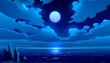 Dolunay gecesi okyanus veya deniz manzarası, ay ışığı