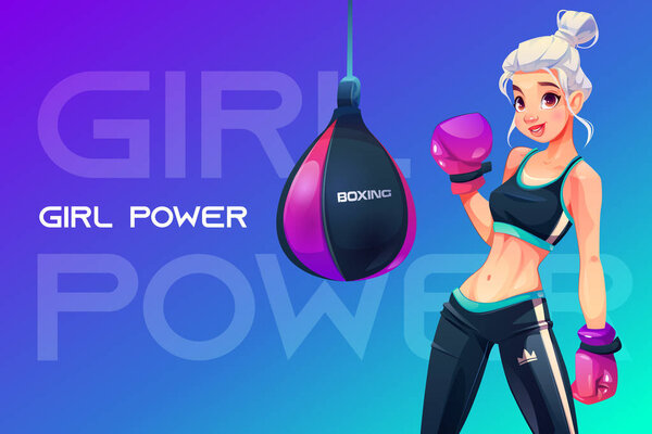 Woman in boxing gloves posing at punching bag — Stock Illustration Woman in boxing gloves posing at punching bag — Stock Vector