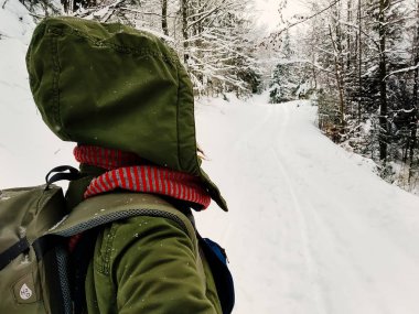 Yalnız karlı ormanda yürüyüş arkadan görünüm Genç Yetişkin kadın. Yürüyüş ve turistik kavramı. Bir kış gününde huzurlu kırsal atmosfer. Temiz hava zevk. Portre kadar kapatın