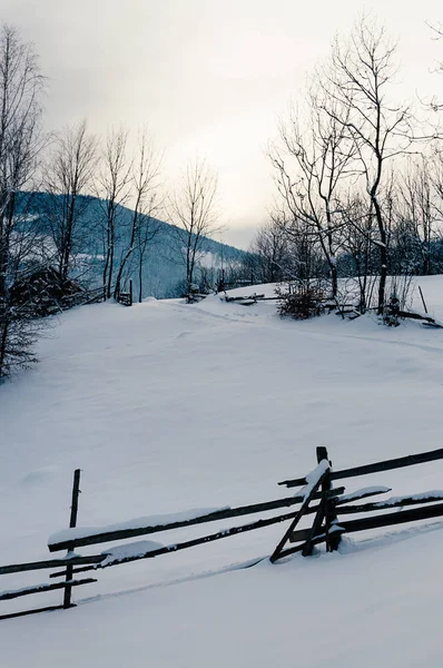 Wooden fence covered with snow cap. Winter rural landscape, village or farm, snow-capped mountains and forest in the sunset background. Vertical image