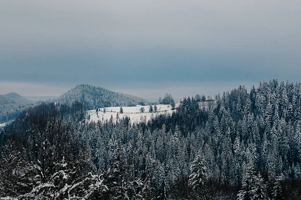 Impresionante Paisaje Montaña Invierno Con Casas Madera Cubiertas Nieve Bosques —  Fotos de Stock