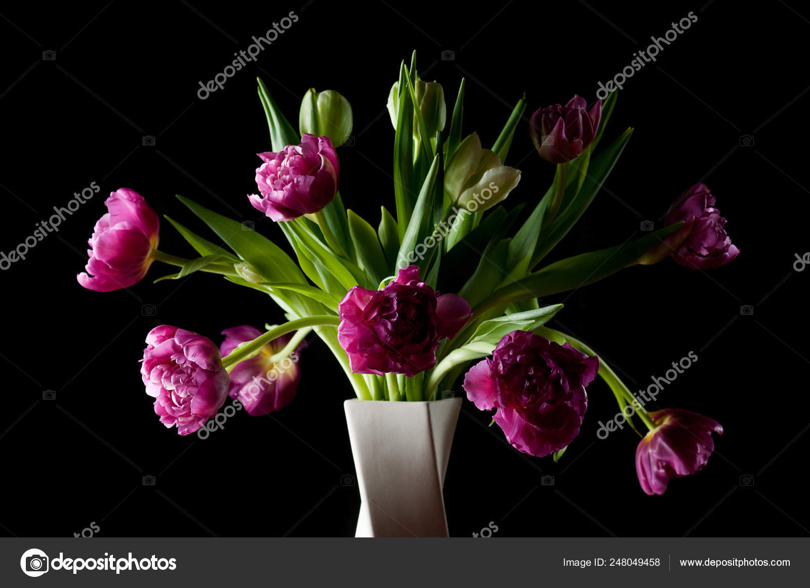 Beautiful Tulip Flowers In Vase Art Low Key Stock Photo