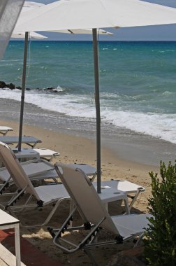 Skala Fourka plajı, Halkidiki, Yunanistan 6 Ağustos 2015: Palmiye ağaçları yakınında güneşli yataklı Skala Fourka plajı.