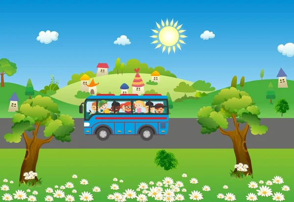 Composizione Con Bambini Che Viaggiano Autobus Vacanza — Vettoriale Stock