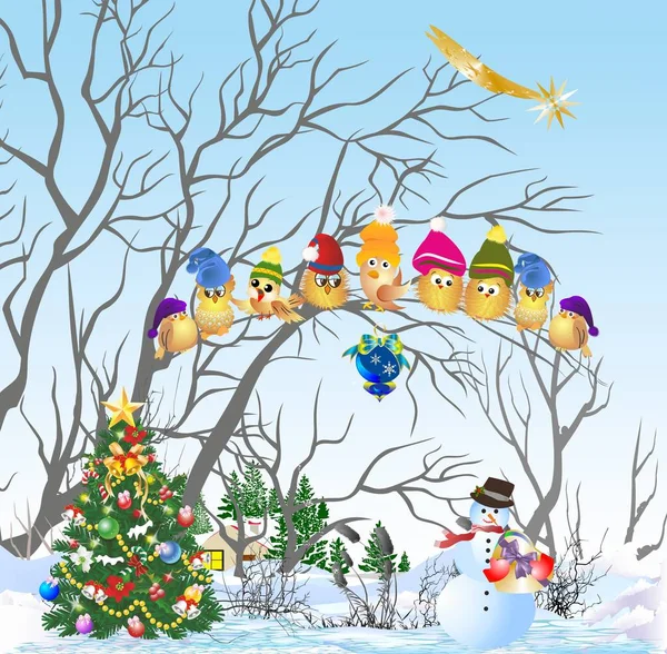 圣诞作文 圣诞树 雪人和戴帽子的鸟 — 图库矢量图片