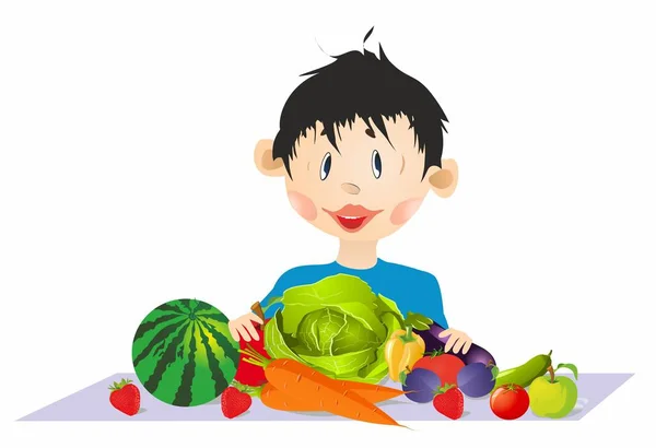 Composition Boy Who Sitting Table Fruits Vegetables Lie — Stock Vector