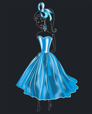 bir kız mavi bir elbise ve kırmızı dudaklar ile kompozisyon