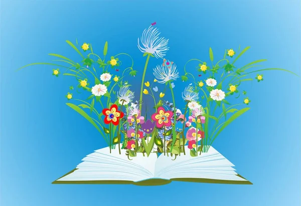 Komposition Mit Aufgeschlagenem Buch Aus Dem Blumen Und Gras Wachsen — Stockvektor