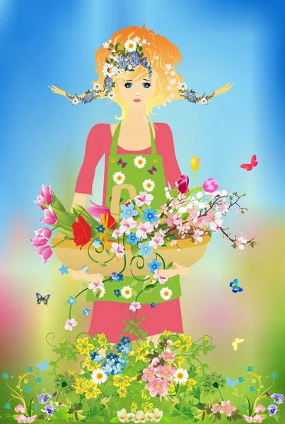 Spring Composition Girl Who Goes Basket Flowers — Stock Photo, Image