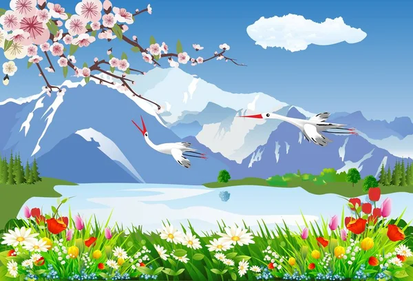 Spring Composition Mountains Flowers Storks — Stock Vector