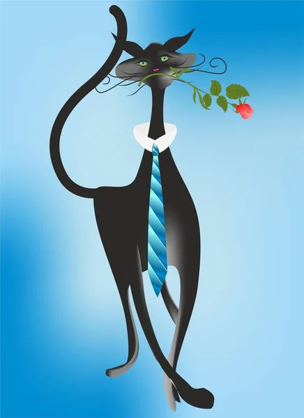 Composition Black Cat Tie Keeps Rose Its Mouth — Stock Vector