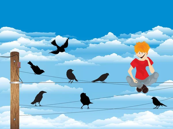 電線の上に座っているし 鳥を観察する少年と組成 — ストックベクタ