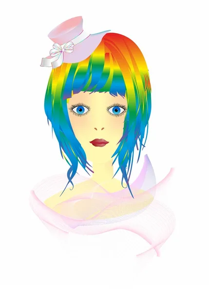ピンクの帽子と虹の髪の女性との構図 — ストックベクタ