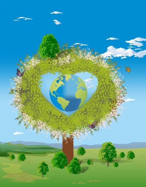 Composition Avec Arbre Cœur Une Planète Terre Milieu Cœur — Image vectorielle