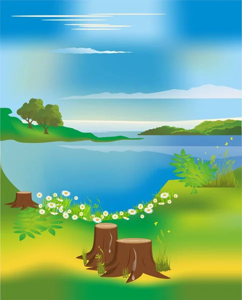 Lago Paisaje Primavera Con Flores Colinas Árboles Flor — Vector de stock