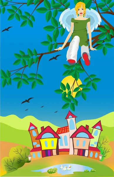 翼を持つ女性が座る町と木との組成物 — ストックベクタ