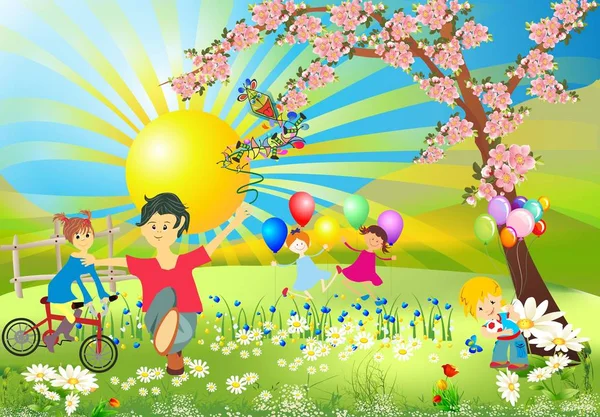 在草地上玩耍的快乐 快乐的孩子组成 — 图库矢量图片