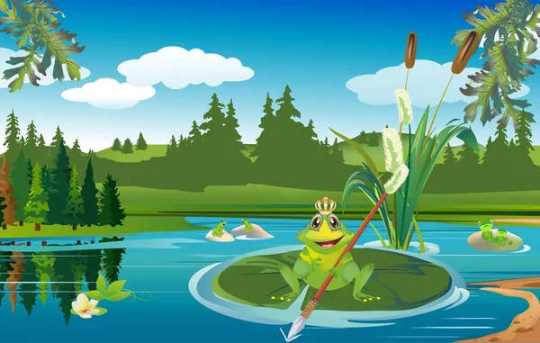 现场显示湖上的景观和青蛙 生活在这个湖 — 图库矢量图片