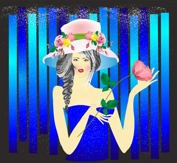 Composición Con Una Mujer Sombrero Que Sostiene Una Rosa — Vector de stock