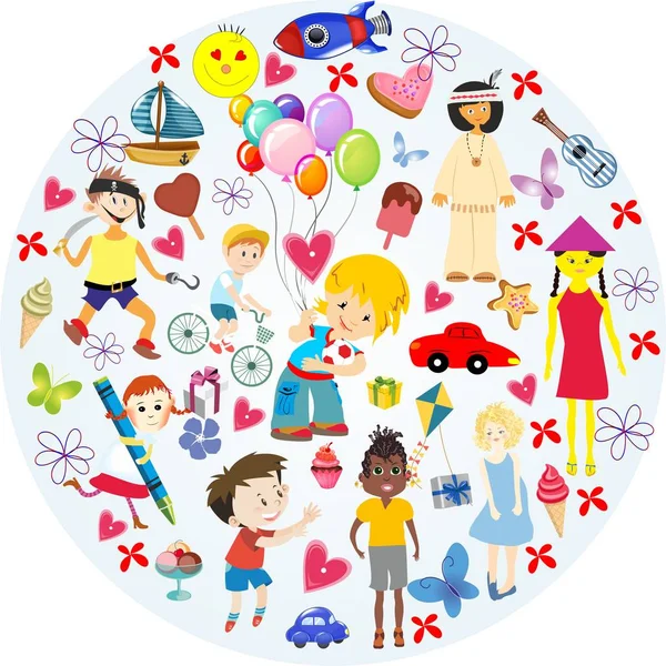 Композиция Счастливыми Веселыми Детьми Игрушками Сладостями — стоковый вектор