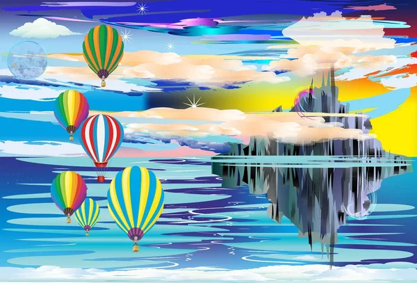 Fantastisk Komposition Med Ensam Klippa Sticker Havet Bredvid Vilka Ballonger — Stock vektor